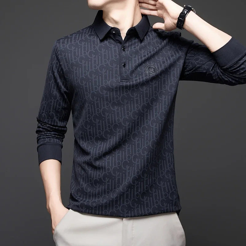 New Men's Business Casual Long Sleeved Shirt with Badge Solid Color Polo Shirt Fashionable Breathable Comfortable Versatile Top