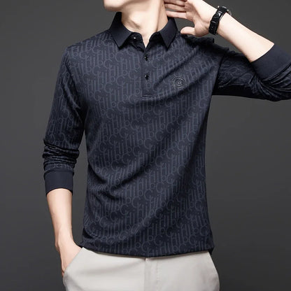 New Men's Business Casual Long Sleeved Shirt with Badge Solid Color Polo Shirt Fashionable Breathable Comfortable Versatile Top