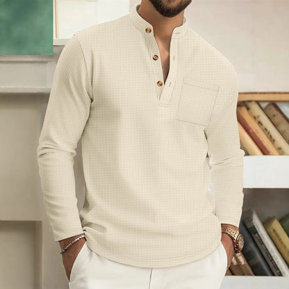 Men's casual waffle check long-sleeved shirt stand-up collar button semi-cardigan breathable and comfortable daily wear shirt