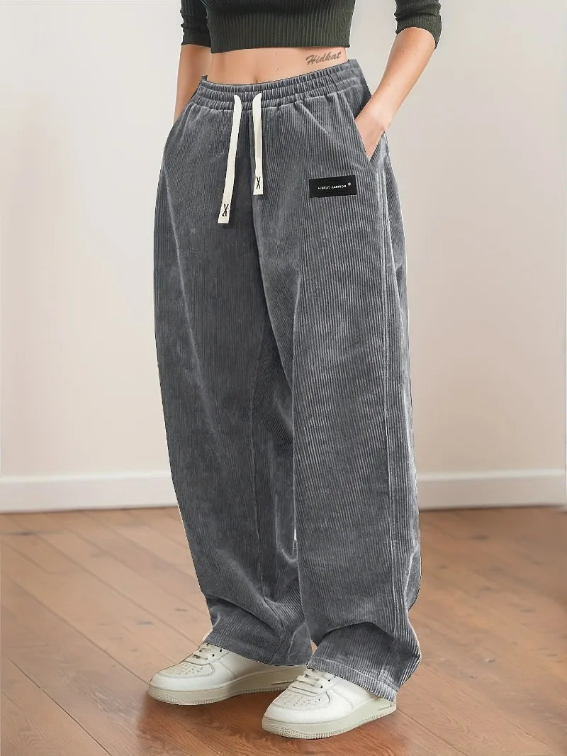Women's Corduroy Pants Texture Straight-Leg Trousers with Drawstring Waist & White Piping - All-Season Casual to Semi-Formal