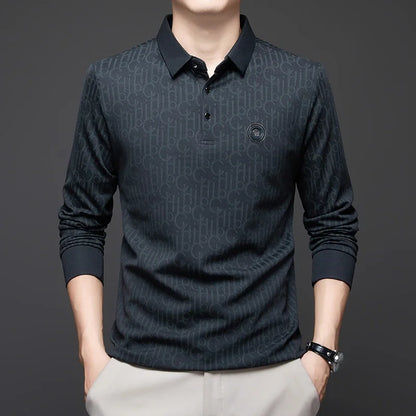 New Men's Business Casual Long Sleeved Shirt with Badge Solid Color Polo Shirt Fashionable Breathable Comfortable Versatile Top