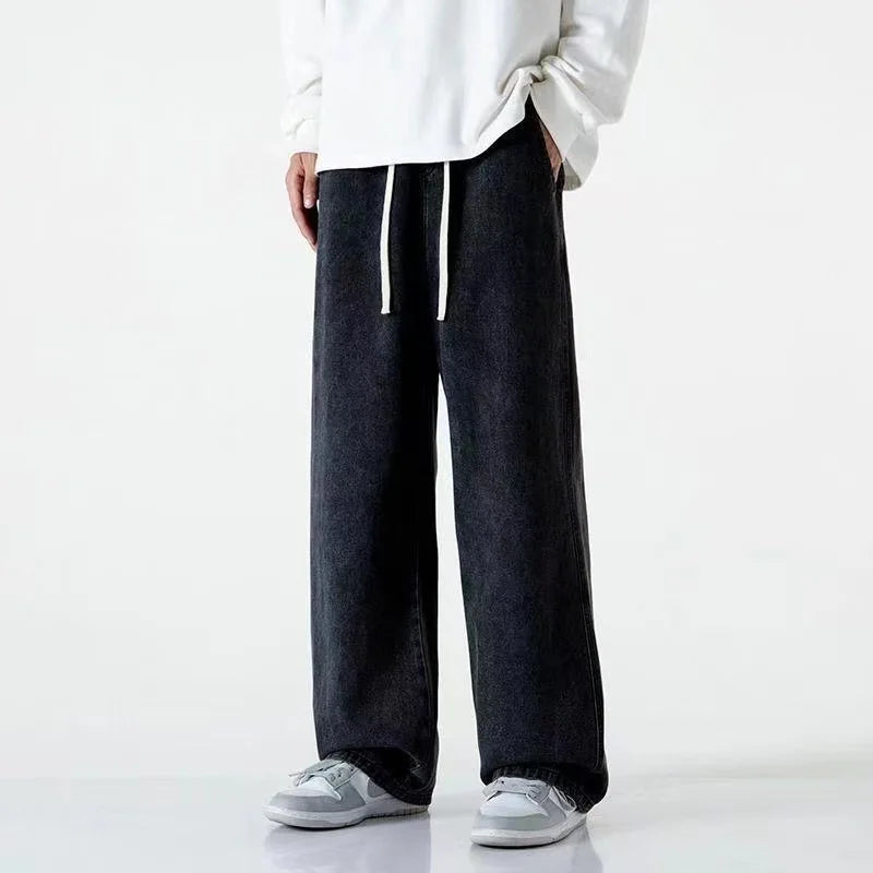 2023New Streetwear Loose Jeans Men Korean Style Fashion Loose Straight Wide Leg Pants Men's Brand Clothing Black Light Blue