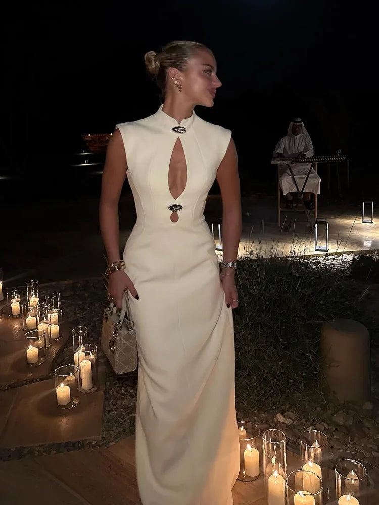 Solid Hollow Out Long Dress Women Elegant Sleeveless High Collar High Waist Bodycon Maxi Dresses 2025 Lady Evening Party Gowns