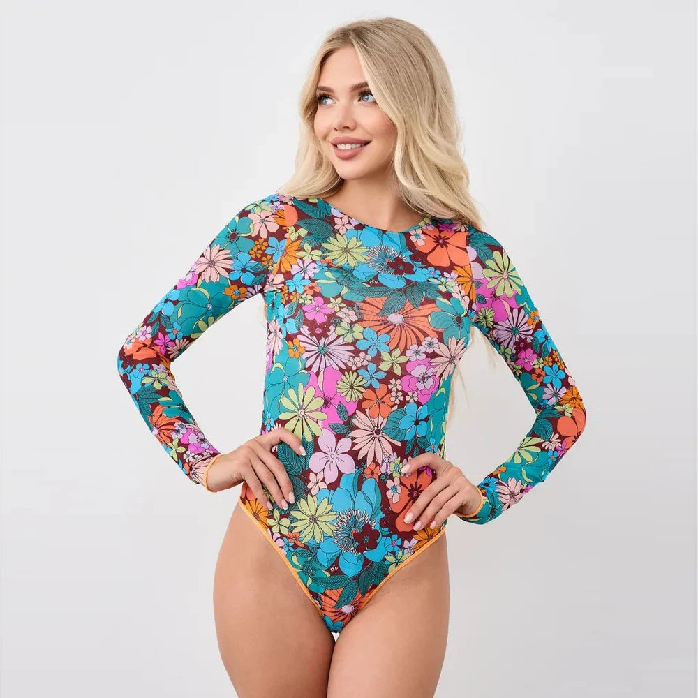 2025 New Floral Print Long Sleeve One-Piece Swimsuit Women Sexy Bodysuit Bathing Suit Beachwear