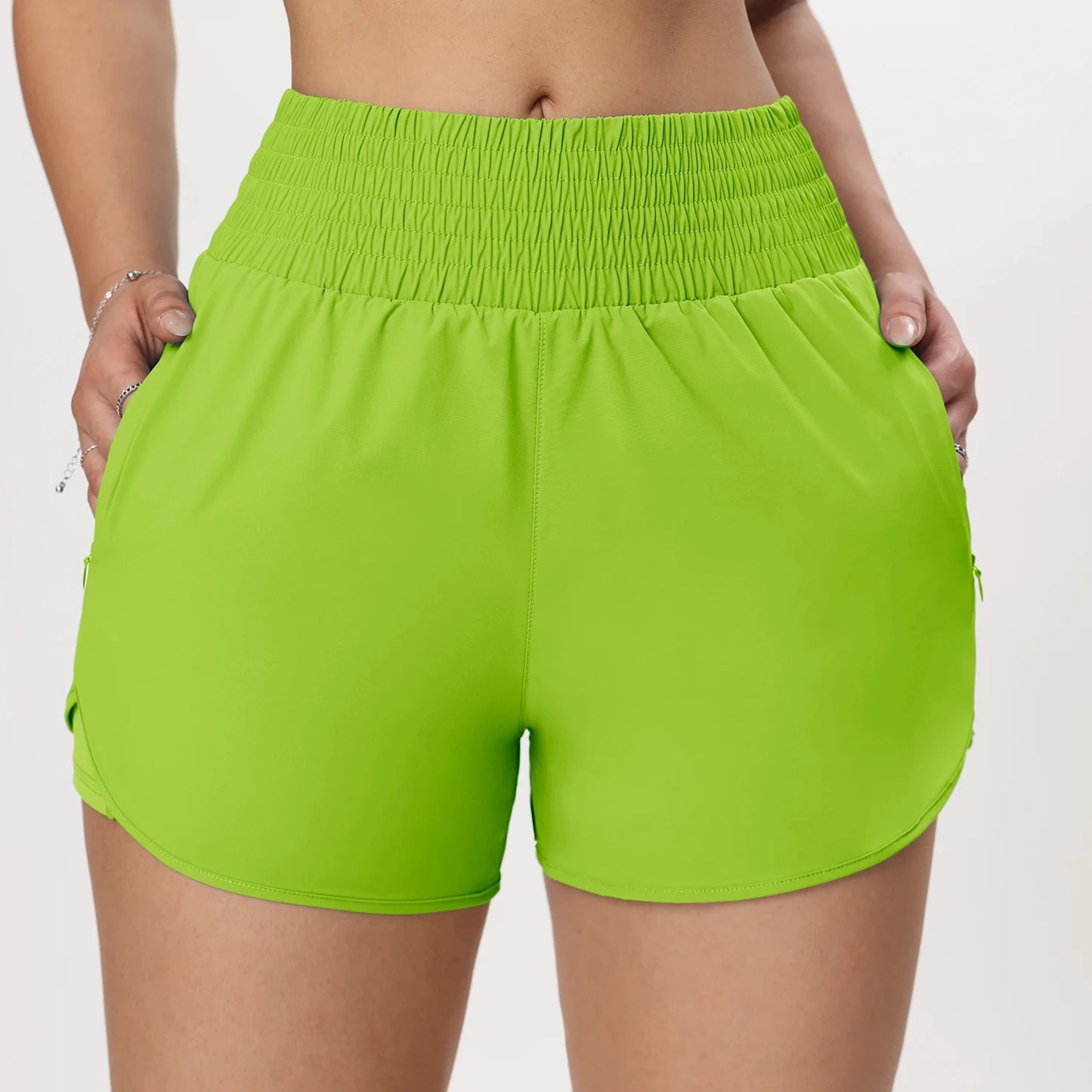 CHRLEISURE Women's Running Shorts with Zipper Pockets Quick-Dry Gym Shorts with Liner Elastic Waist Band Athletic Shorts