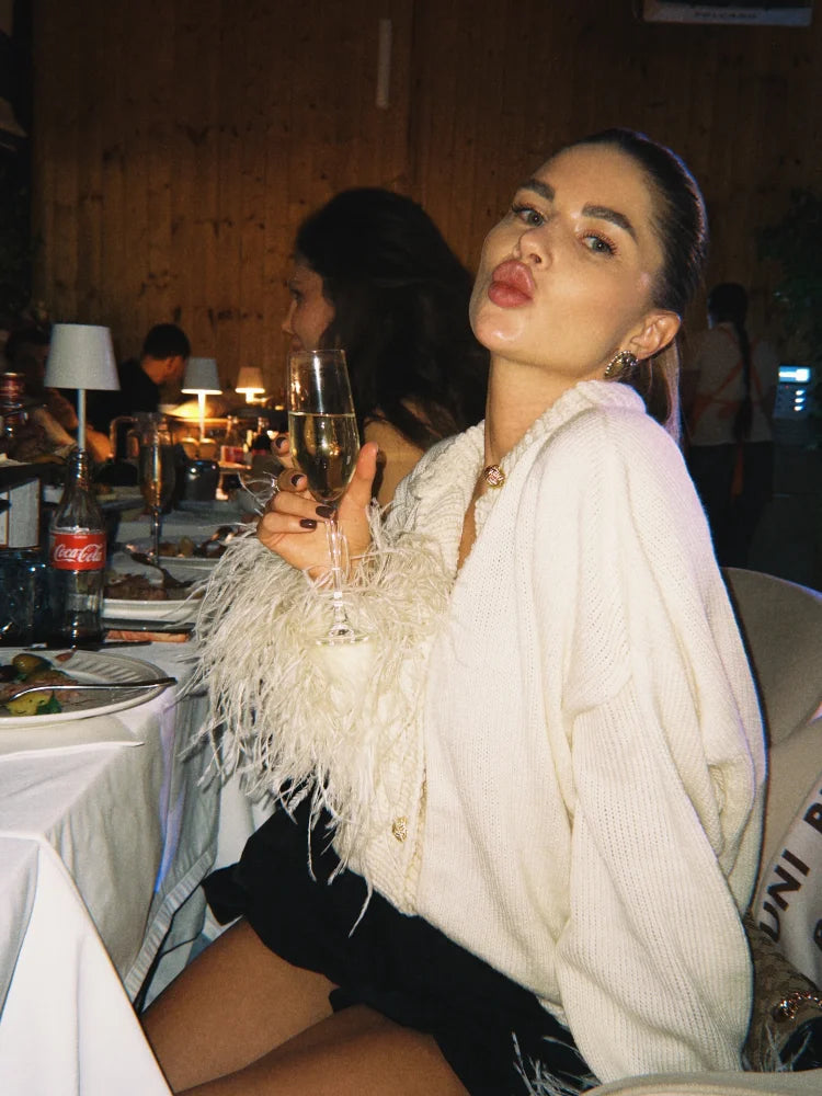 Chic Leather Patchwork Coat Women Fashion Long Sleeves Round Neck Loose Tassel Knitted Cardigan Daily Commute Outerwear 2025 New