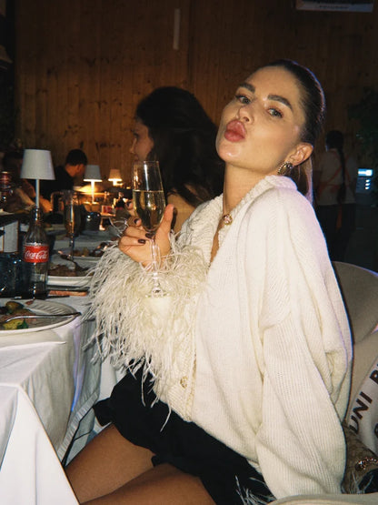 Chic Leather Patchwork Coat Women Fashion Long Sleeves Round Neck Loose Tassel Knitted Cardigan Daily Commute Outerwear 2025 New