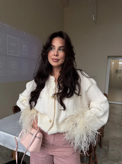 Chic Leather Patchwork Coat Women Fashion Long Sleeves Round Neck Loose Tassel Knitted Cardigan Daily Commute Outerwear 2025 New