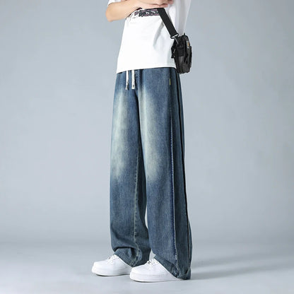 Spring autumn men outer pants Loose straight Autumn vintage jeans  American retro loose casual straight-leg wide-leg long pants
