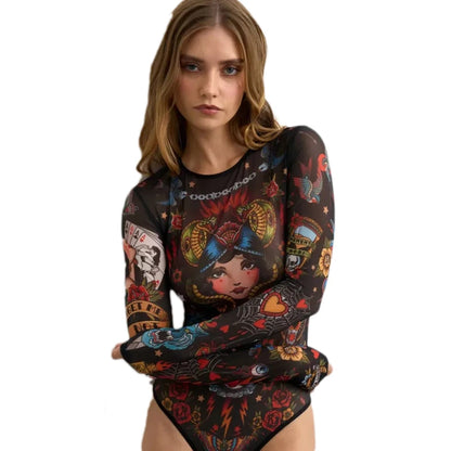 2025 New Floral Print Long Sleeve One-Piece Swimsuit Women Sexy Bodysuit Bathing Suit Beachwear