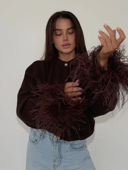 Chic Leather Patchwork Coat Women Fashion Long Sleeves Round Neck Loose Tassel Knitted Cardigan Daily Commute Outerwear 2025 New