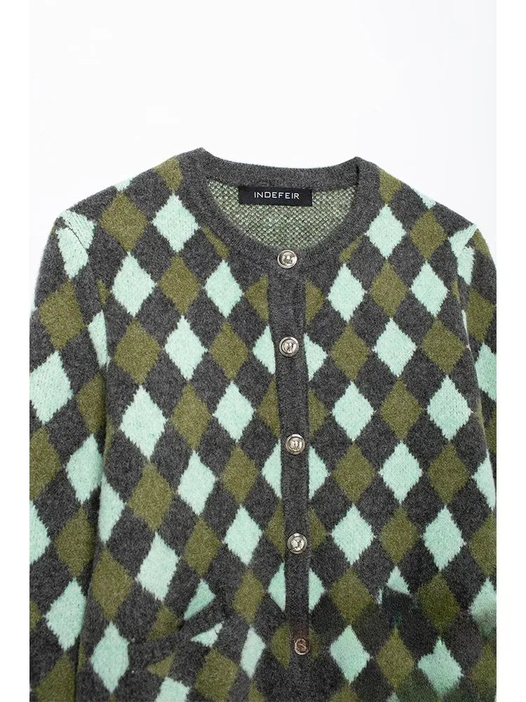 KONDALA Vintage Casual Chic Women Sweater Argyle O-Neck Long Sleeve Pockets Knitted Cardigans Fashion 2025 Autumn Winter Sweater