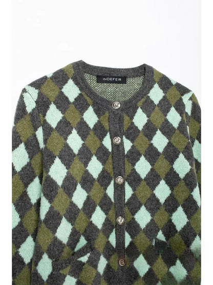 KONDALA Vintage Casual Chic Women Sweater Argyle O-Neck Long Sleeve Pockets Knitted Cardigans Fashion 2025 Autumn Winter Sweater