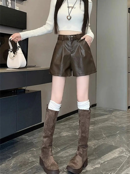 Fashion PU Solid Shorts Women Autumn Winter Retro A Line High Waist Button Zipper Short Pants Y2K Streeet Wide Leg Shorts Korean