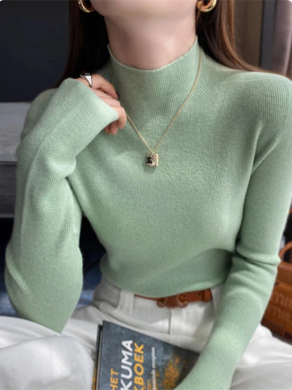 2025 Women's New Slim Long Sleeve Base Pullover Knitted Solid Color Turtleneck Sweater Versatile Autumn Winter Warm Tops