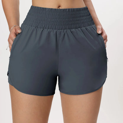 CHRLEISURE Women's Running Shorts with Zipper Pockets Quick-Dry Gym Shorts with Liner Elastic Waist Band Athletic Shorts