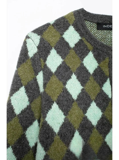 KONDALA Vintage Casual Chic Women Sweater Argyle O-Neck Long Sleeve Pockets Knitted Cardigans Fashion 2025 Autumn Winter Sweater