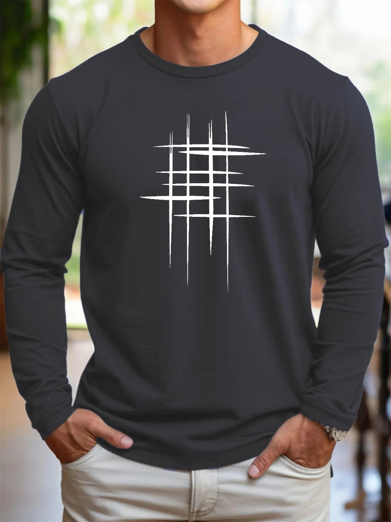 Men's 100% pure cotton loose fit comfortable sports and leisure creative line pattern printed round neck long sleeved T-shirt