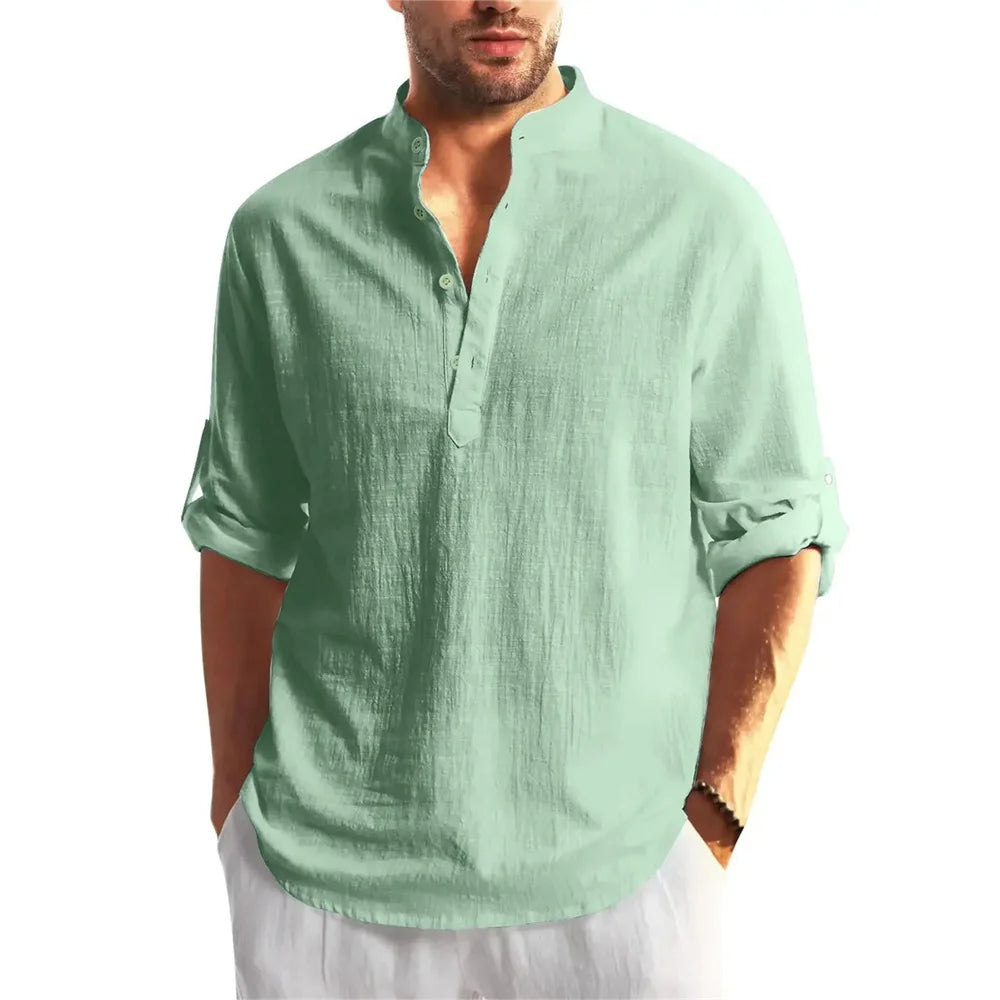 Autumn New Men's Cotton Linen Long Sleeve T-shirt Solid Color Henley Collar Lightweight Breathable Men's Casual Button Top