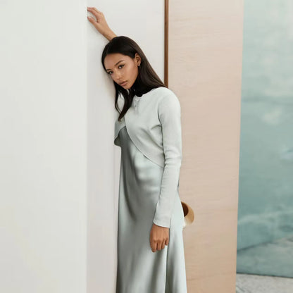 2025 Summer Women fashion Long Dress Elegance Satin Dress Knitted Top Match Set Maxi Floor Length Woman Casual Chic Clothes