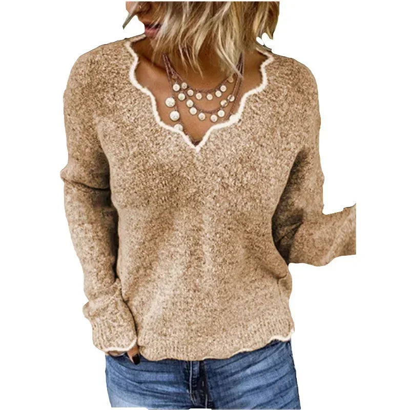 ALLUKASA 2025  Autumn Winter Women's Solid Color Long Sleeved V-neck Knitted Cute Pullover Sweater Loose