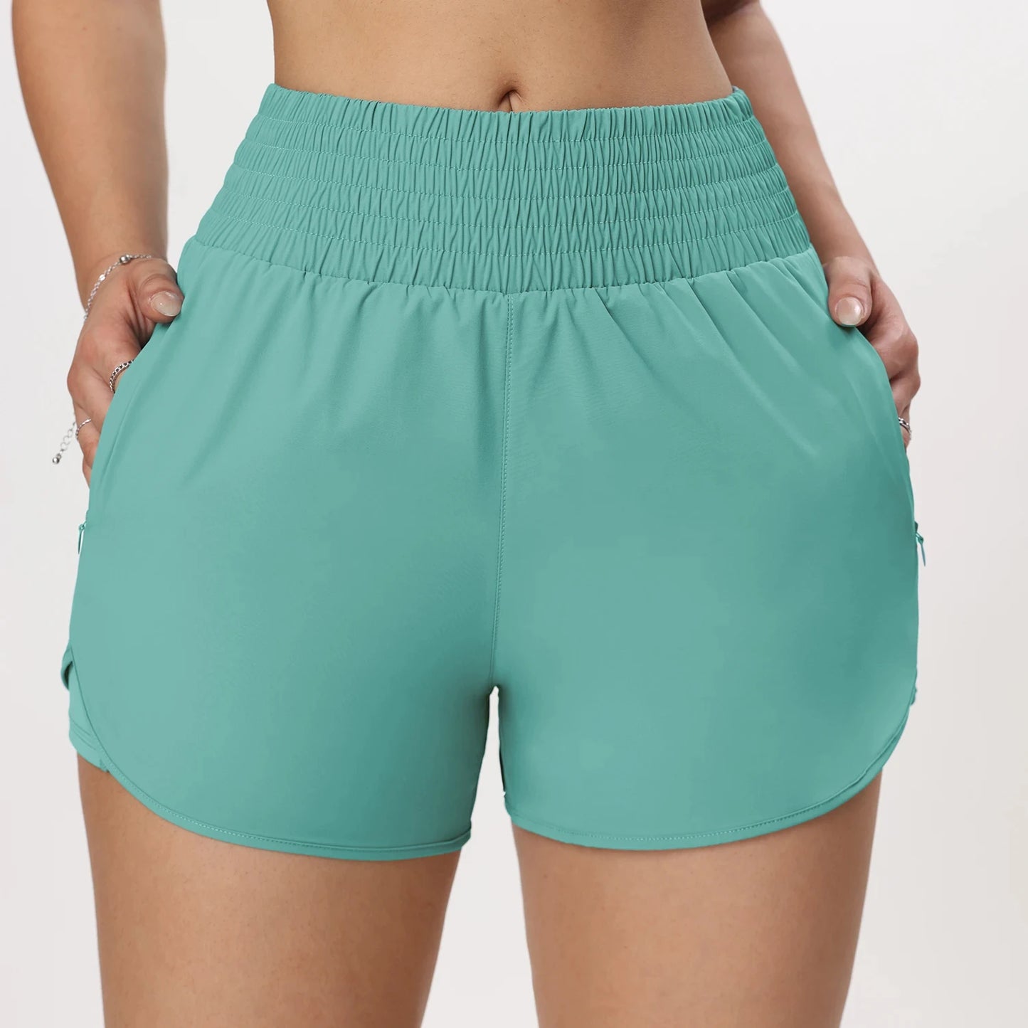 CHRLEISURE Women's Running Shorts with Zipper Pockets Quick-Dry Gym Shorts with Liner Elastic Waist Band Athletic Shorts