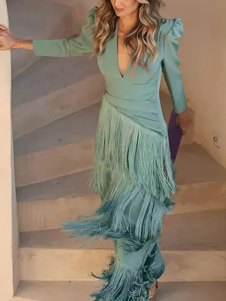 French Elegant Deep V Neck Slim Prom Dresses 2025 Spring Solid Spliced Tassel Long Dress Woman Long Sleeve New Autumn Maxi Dress