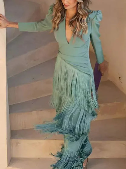 French Elegant Deep V Neck Slim Prom Dresses 2025 Spring Solid Spliced Tassel Long Dress Woman Long Sleeve New Autumn Maxi Dress