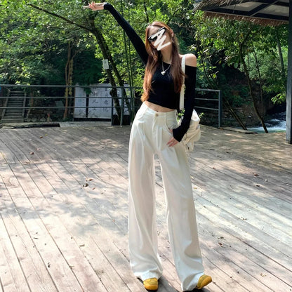 Womens Casual Slim Fit Y2K Jeans High Waist Straight Leg White Trousers 2025 New Design Wide Leg Dragged Floor Pants Jeans