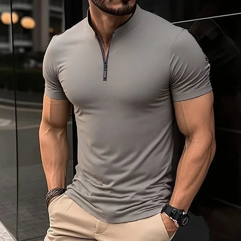 2025 New Men's Casual Fashion Solid Color Short Sleeved Polo Shirt Stand Up Collar Versatile Comfortable Top