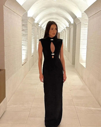 Solid Hollow Out Long Dress Women Elegant Sleeveless High Collar High Waist Bodycon Maxi Dresses 2025 Lady Evening Party Gowns