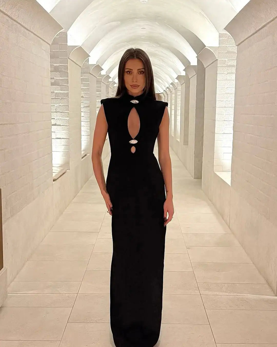 Solid Hollow Out Long Dress Women Elegant Sleeveless High Collar High Waist Bodycon Maxi Dresses 2025 Lady Evening Party Gowns