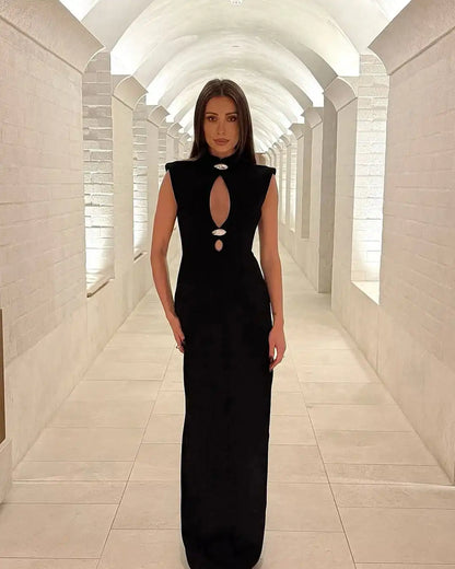 Solid Hollow Out Long Dress Women Elegant Sleeveless High Collar High Waist Bodycon Maxi Dresses 2025 Lady Evening Party Gowns