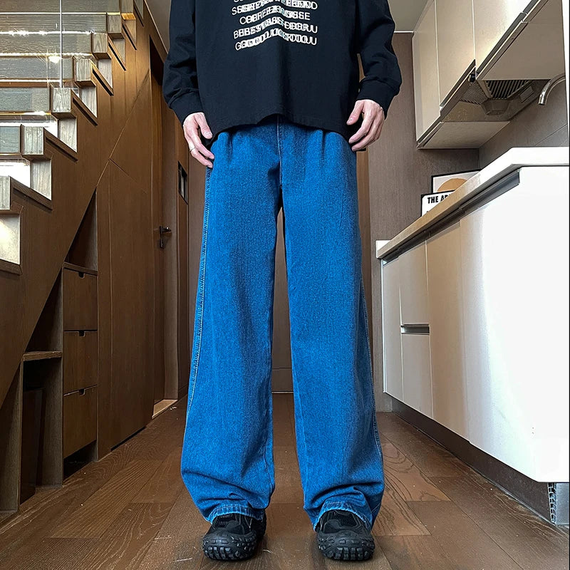 Men's Black Jeans, Classic Solid Color Loose Casual Pants, Fashionable and Versatile Baggy Straight Wide Leg Pants Gray Blue