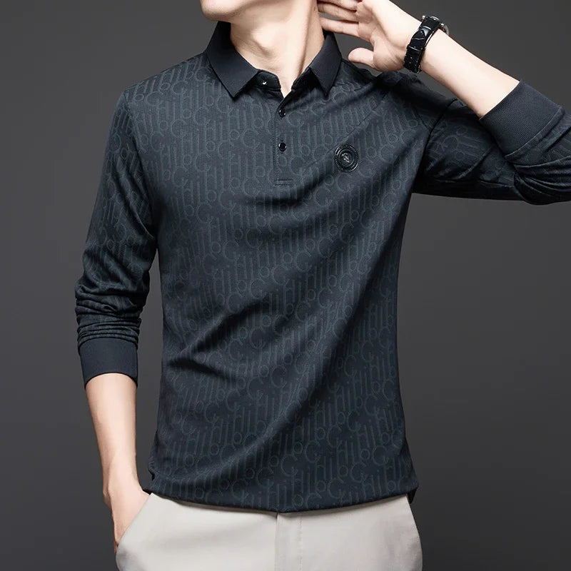 New Men's Business Casual Long Sleeved Shirt with Badge Solid Color Polo Shirt Fashionable Breathable Comfortable Versatile Top