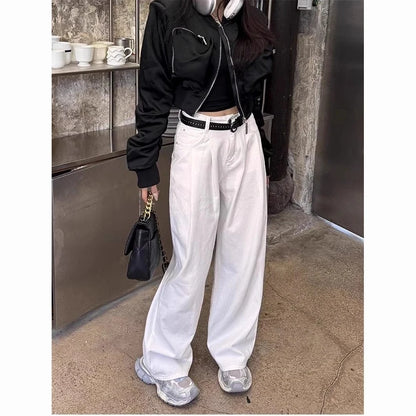 Womens Casual Slim Fit Y2K Jeans High Waist Straight Leg White Trousers 2025 New Design Wide Leg Dragged Floor Pants Jeans