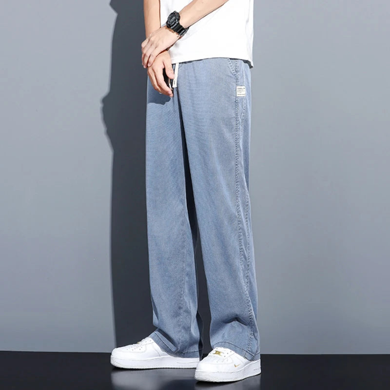 Summer soft Lyocell fabric men's jeans loose straight leg pants drawstring elastic waist Korean casual pants plus size M-5XL