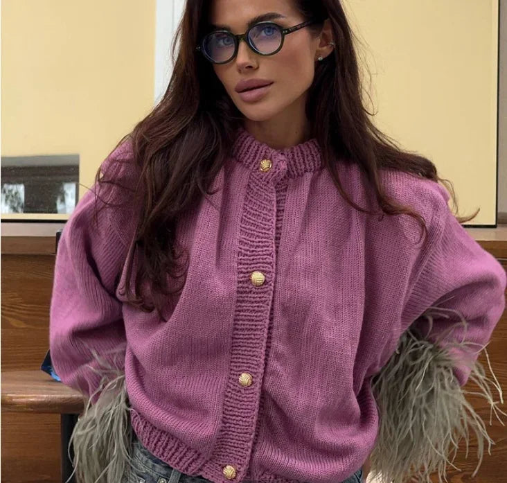 Chic Leather Patchwork Coat Women Fashion Long Sleeves Round Neck Loose Tassel Knitted Cardigan Daily Commute Outerwear 2025 New