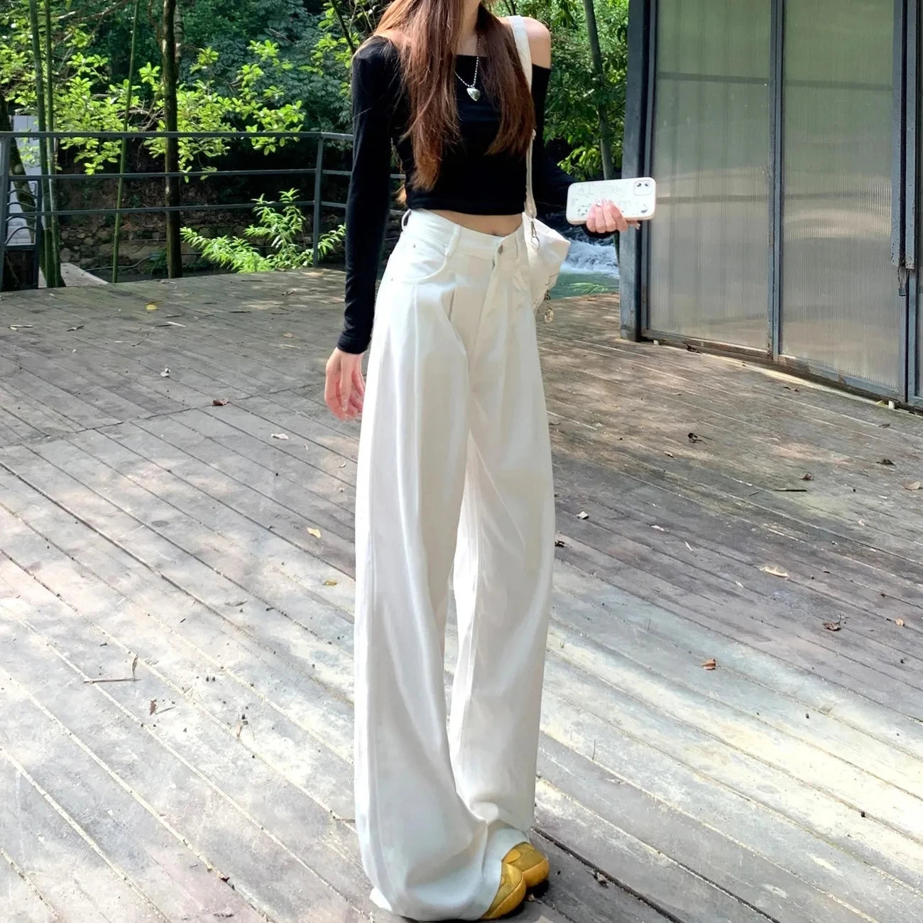 Womens Casual Slim Fit Y2K Jeans High Waist Straight Leg White Trousers 2025 New Design Wide Leg Dragged Floor Pants Jeans