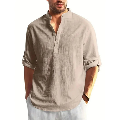Autumn New Men's Cotton Linen Long Sleeve T-shirt Solid Color Henley Collar Lightweight Breathable Men's Casual Button Top