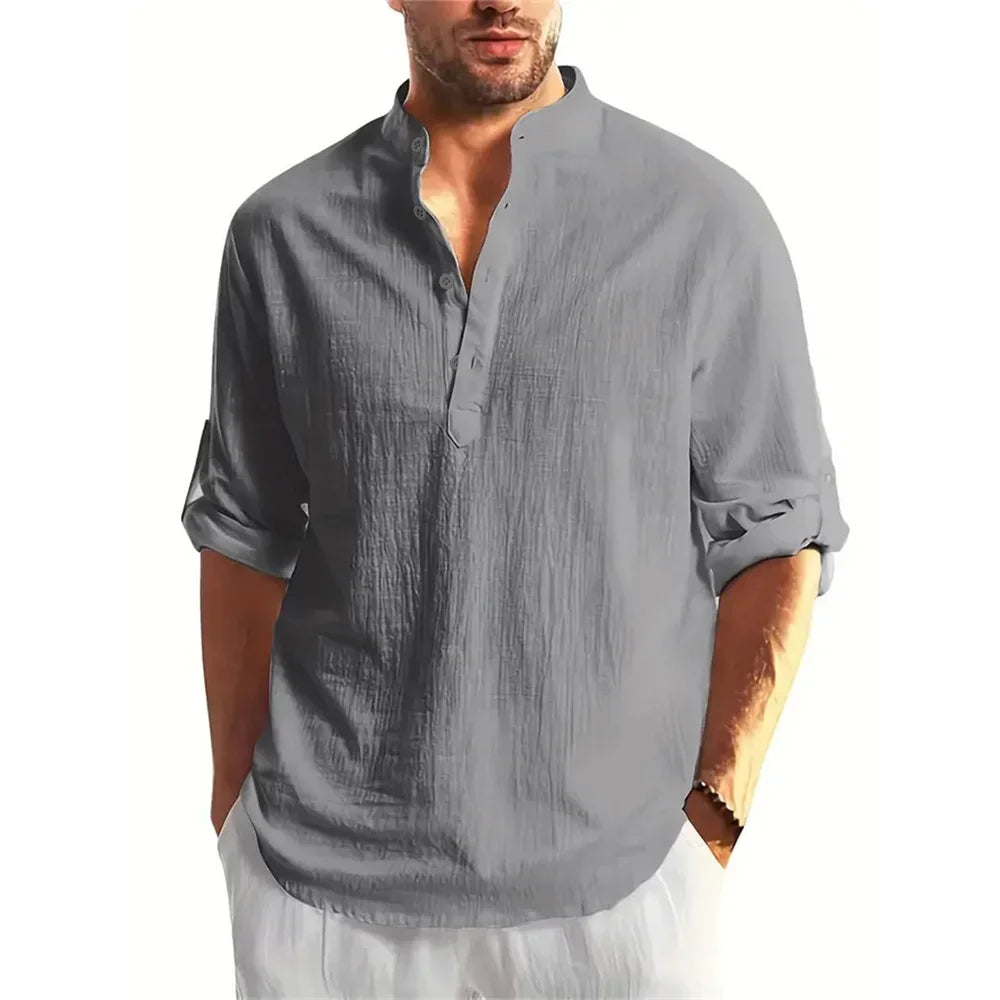 Autumn New Men's Cotton Linen Long Sleeve T-shirt Solid Color Henley Collar Lightweight Breathable Men's Casual Button Top