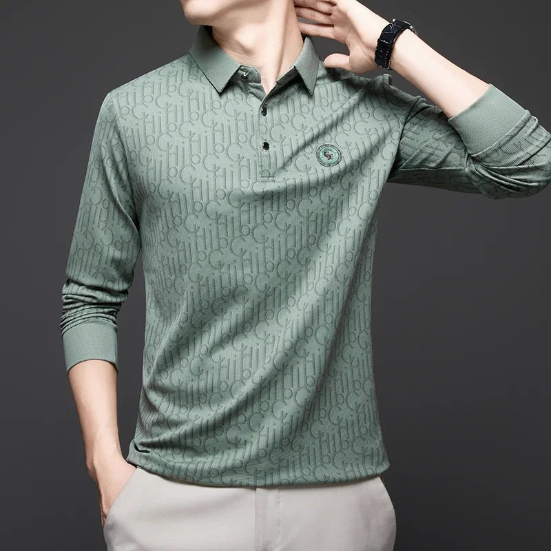 New Men's Business Casual Long Sleeved Shirt with Badge Solid Color Polo Shirt Fashionable Breathable Comfortable Versatile Top