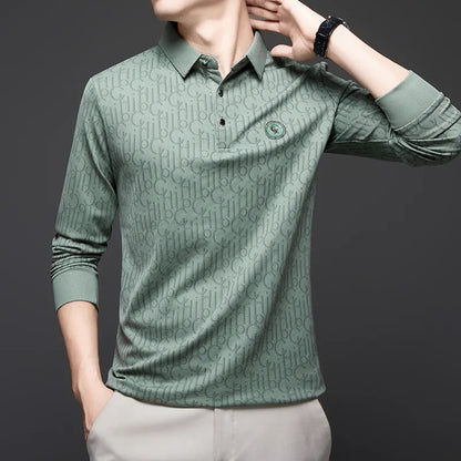 New Men's Business Casual Long Sleeved Shirt with Badge Solid Color Polo Shirt Fashionable Breathable Comfortable Versatile Top