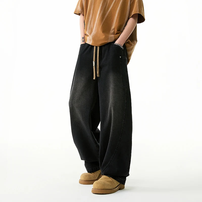 Spring autumn men outer pants Loose straight Autumn vintage jeans  American retro loose casual straight-leg wide-leg long pants