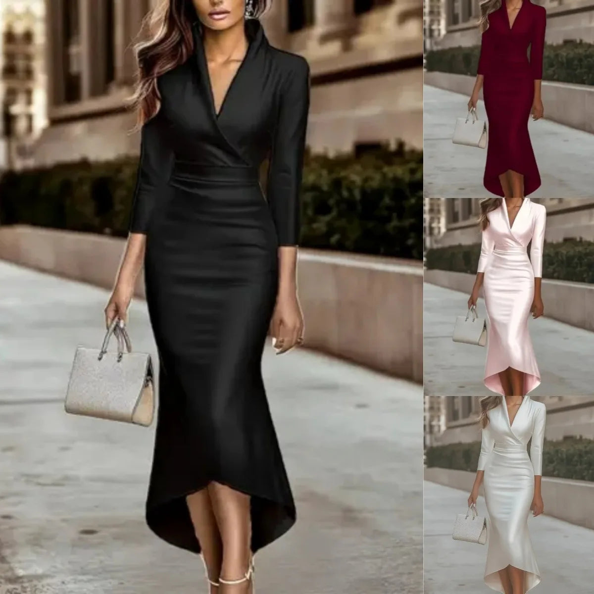 New Women's Autumn Winter Elegant Formal Dress V-neck Vestidos Femininos 2025 Long-sleeved Versatile Solid Color Evening  Robes