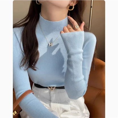 2025 Women's New Slim Long Sleeve Base Pullover Knitted Solid Color Turtleneck Sweater Versatile Autumn Winter Warm Tops