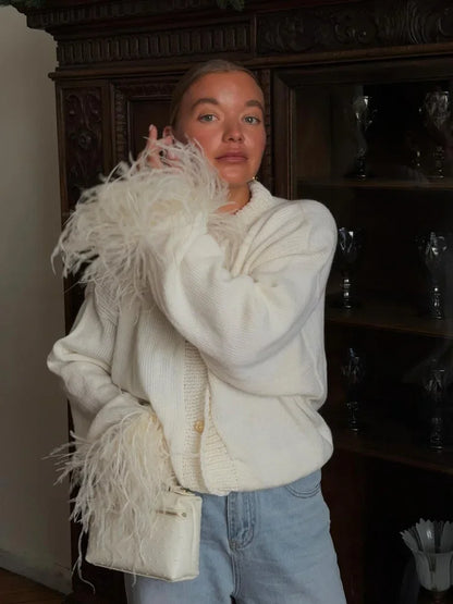 Chic Leather Patchwork Coat Women Fashion Long Sleeves Round Neck Loose Tassel Knitted Cardigan Daily Commute Outerwear 2025 New