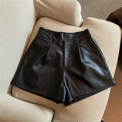 Fashion PU Solid Shorts Women Autumn Winter Retro A Line High Waist Button Zipper Short Pants Y2K Streeet Wide Leg Shorts Korean