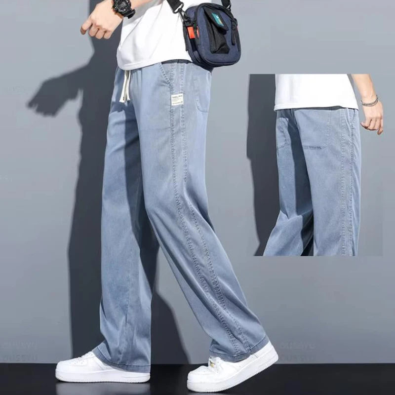 Summer soft Lyocell fabric men's jeans loose straight leg pants drawstring elastic waist Korean casual pants plus size M-5XL