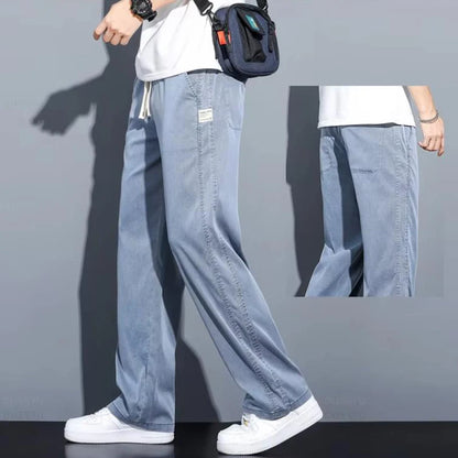 Summer soft Lyocell fabric men's jeans loose straight leg pants drawstring elastic waist Korean casual pants plus size M-5XL